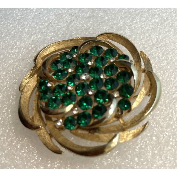VTG CROWN TRIFARI RHINESTONE GREEN SPIRAL Gold Tone BROOCH EARRINGS SET - Picture 7 of 9